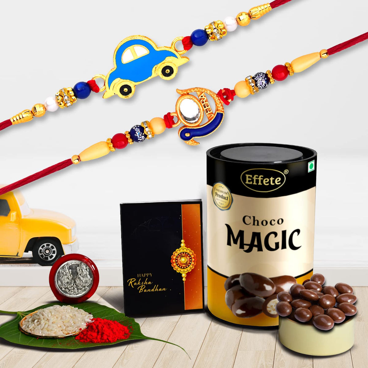 Multicolor Rakhi Combo with Chocolate Magic , Silver Color Pooja Coin, Roli Chawal & Greeting Card, Occasion, Rakhi & Chocolate for brother, Rakhi with chocolate, rakhi with gift, Rakhi Combo, Set of 2 Rakhi, Rakhi Chocolate Gift combo (K2_3