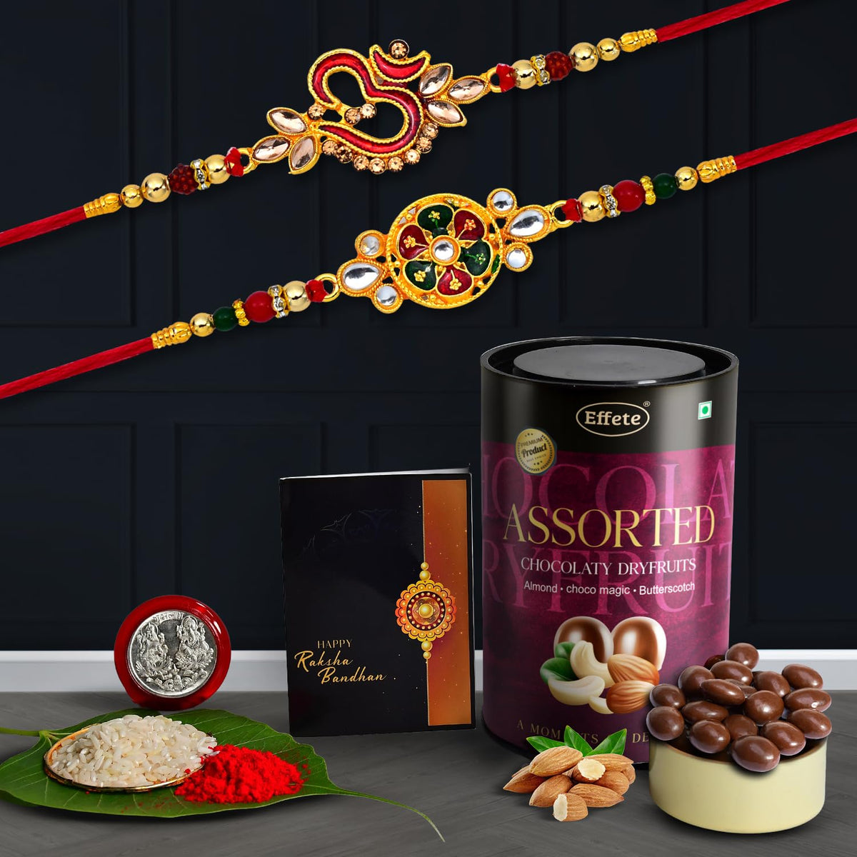 (K2_551+552_AS) Rakhi Combo with Assorted Chocolate Dryfruits 96gm, stylish rakhi for brother, Rakhi & Chocolate for brother, rakhi brother, rakhi with gift, handmade rakhi, Set of 2 Rakhi