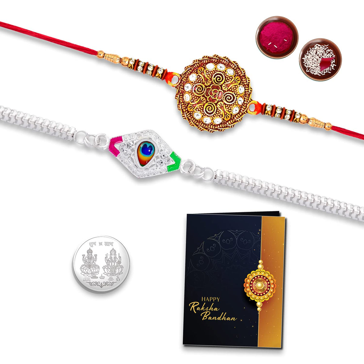 Maitri Festival of Raksabandhan | Rakhi for Men with Roli Chawal Tilak, Greeting Card, and Laxmi Ganesh Silver Pooja Coin | Designer Rakhi Combo | Rakhi 2 pcs | K2_603+A65