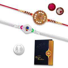 Maitri Festival of Raksabandhan | Rakhi for Men with Roli Chawal Tilak, Greeting Card, and Laxmi Ganesh Silver Pooja Coin | Designer Rakhi Combo | Rakhi 2 pcs | K2_603+A65