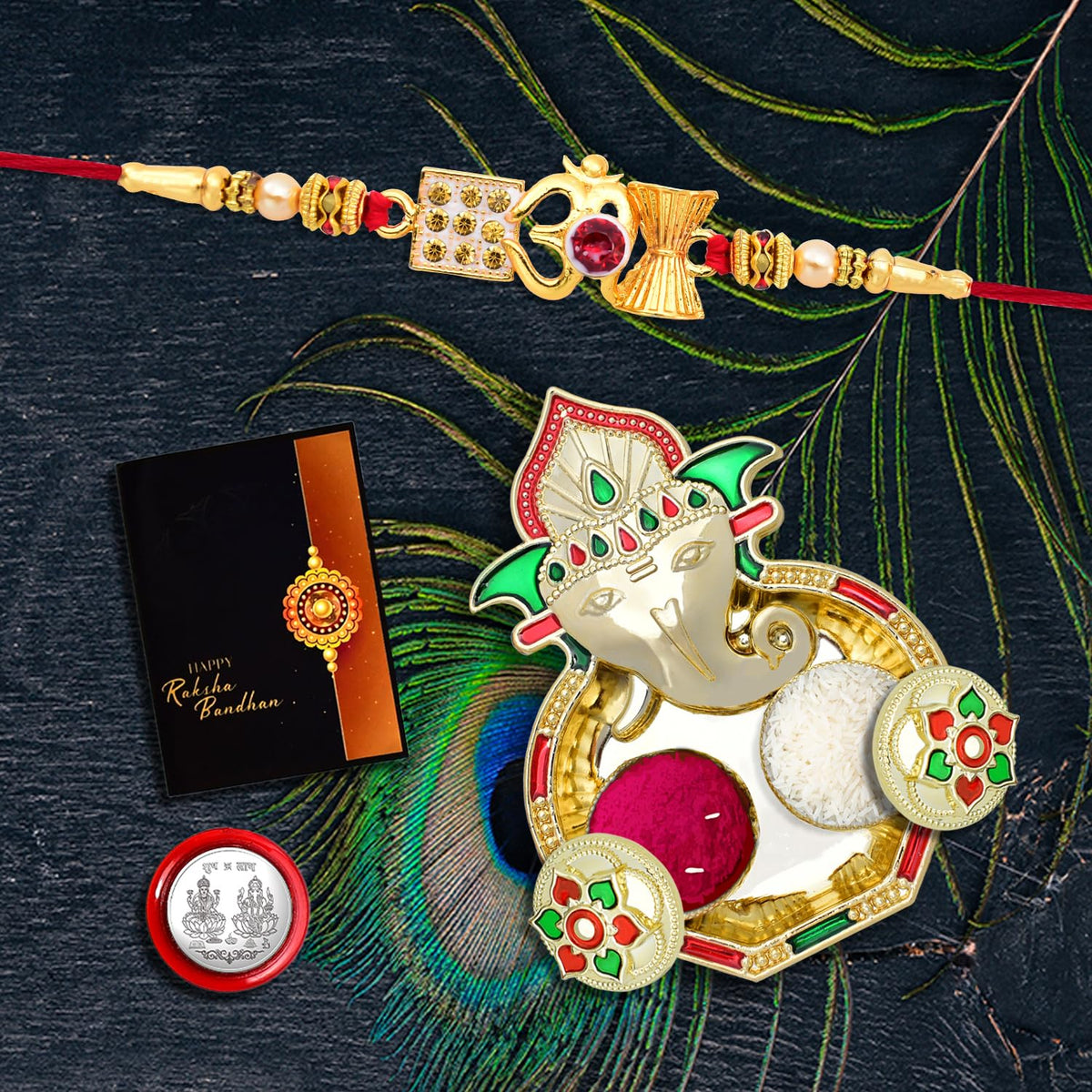 Rakhi for Brother Set of 1 with Dish, Silver Coin & Greeting Card, Rakhi for Brother and Bhabhi, Rakhi with Gift for Brother, Rakhi for Kids, Rakhi Set, Rakhi Combo (K1_412_AA3)