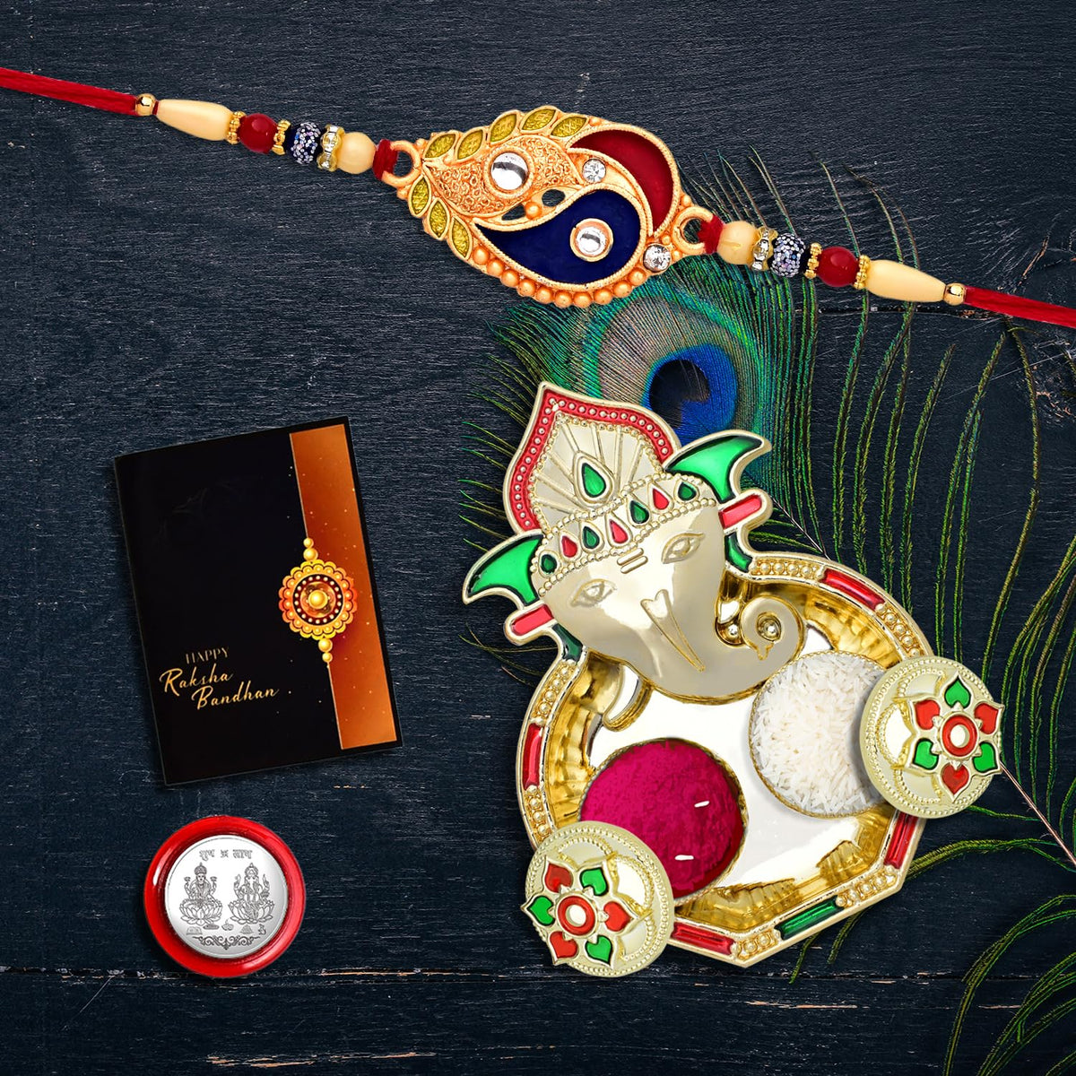 Rakhi for Brother Set of 1 with Dish, Silver Coin & Greeting Card, Rakhi for Brother and Bhabhi, Rakhi with Gift for Brother, Rakhi for Kids, Rakhi Set, Rakhi Combo (K1_534_AA3)