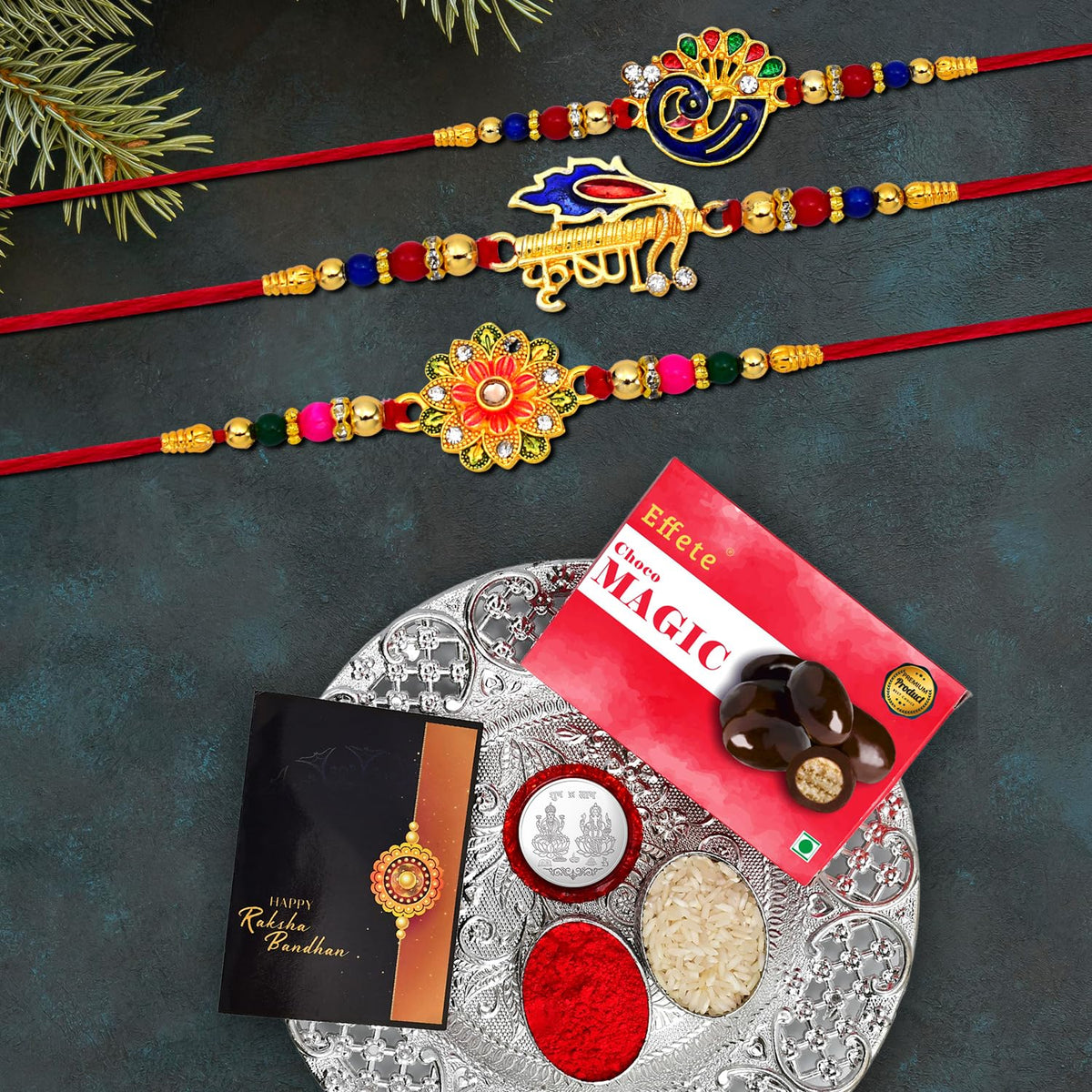 Rakhi Combo with Chocolate Magic 32 Gms & Pooja Thali| Rakhi For Brother With Gift | Chocolate Gift Pack |Rakhi With Chocolate Gift Hemper | Fancy Rakhi For Men | Set Of 3 |