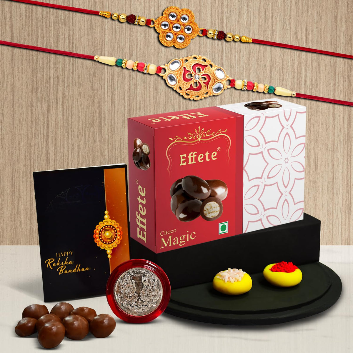 Rakhi (K2_528+531_EM32) & Chocolate Magic 32gm| Rakhi for brother with gift | handmade rakhi |rakhi combo for brother | stylish rakhi for brother | Set of 2 Rakhi |
