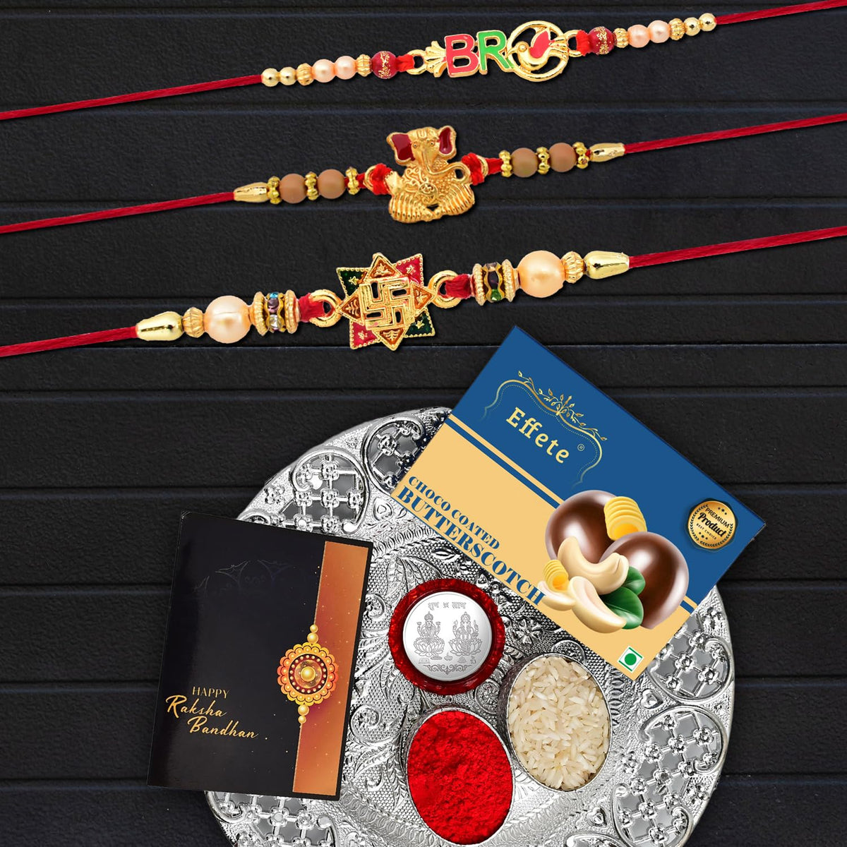 Rakhi Combo (K3_3+10+12_DS+BS32)  Chocolate Butter Scotch 32gm & Silver Pooja Thali with Pooja Coin & Greeting Card, Rakhi gift set, Rakhi thali, rakhi thali set, Rakhi with plate, rakhi hamper for brother, rakhi with gift, rakhi for brother