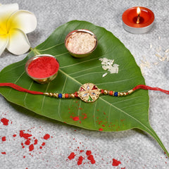 Rakhi For Brother Set Of 1 with Chocolate Almonds , Silver Color Pooja Coin, Roli Chawal & Greeting Card