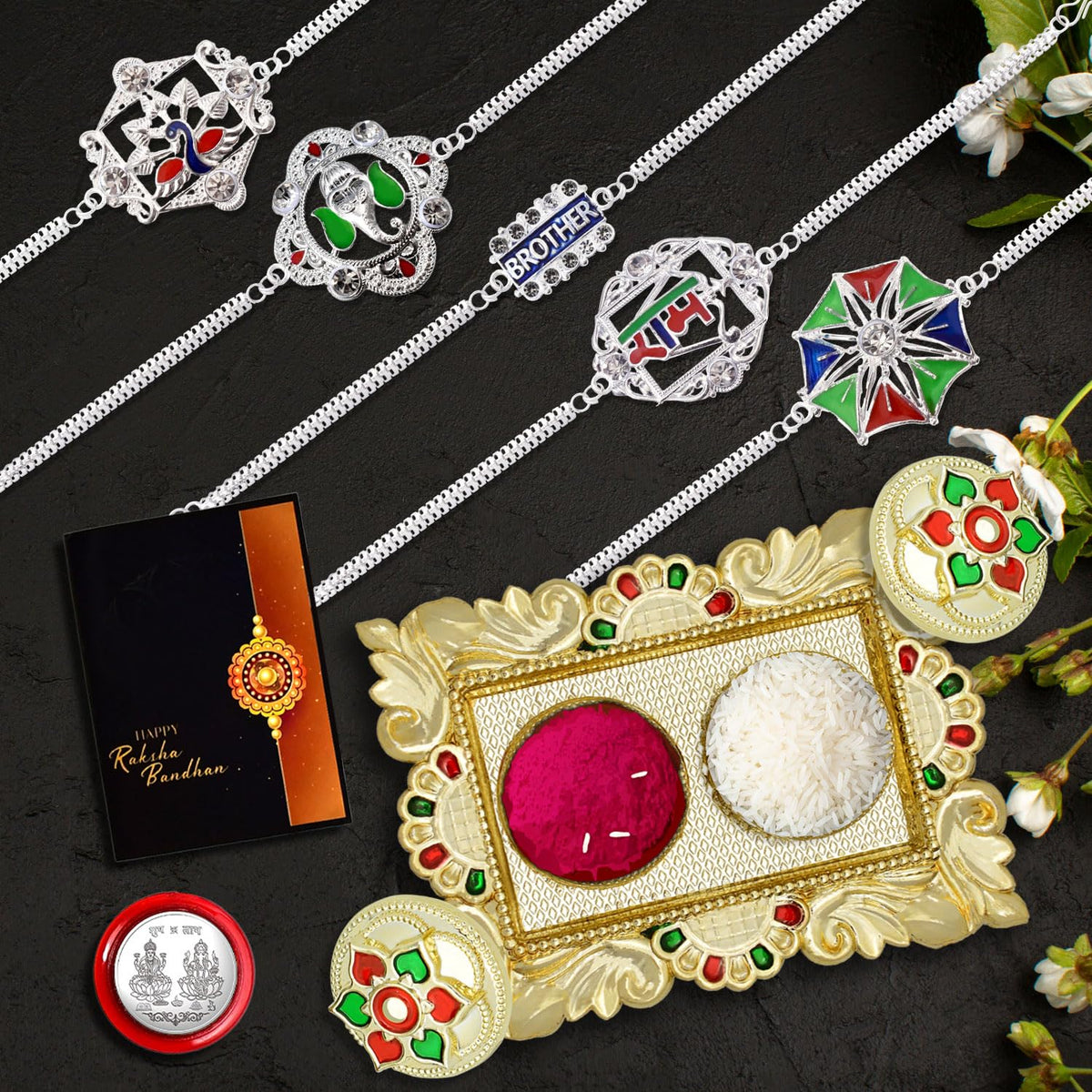 Rakhi for Brother Set of 5 with Dish, Silver Coin & Greeting Card, Rakhi for Brother and Bhabhi, Rakhi with Gift for Brother, Rakhi for Kids, Rakhi Set, Rakhi Combo (A73+A57+A52+A78+A59_AA1)