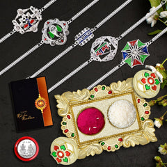 Rakhi for Brother Set of 5 with Dish, Silver Coin & Greeting Card, Rakhi for Brother and Bhabhi, Rakhi with Gift for Brother, Rakhi for Kids, Rakhi Set, Rakhi Combo (A73+A57+A52+A78+A59_AA1)