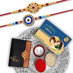 Rakhi Combo (K2_515+516_DS+BS32)  Chocolate Butter Scotch 32gm & Silver Pooja Thali, with Pooja Coin & Greeting Card, Rakhi thali, Rakhi gift set, Rakhi with plate, rakhi thali set, rakhi hamper for brother, rakhi with chocolate, rakhi for br