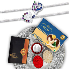 (K2_C14+C15_DS+BS32) Rakhi Combo  Chocolate Butter Scotch 32gm & Silver Pooja Thali with Pooja Coin & Greeting Card, | Rakhi gift set | Rakhi thali | rakhi gifts | Kids car rakhi | Rakhi with plate | rakhi thali set | rakhi with gift | rakhi