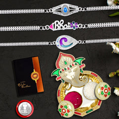 Rakhi Combo (K3_C30+C31+C32_AA3) with Pooja Coin, Shri Ganesh Pooja Thali / Tilak Set & Greeting Card, Rakhi with plate, rakhi thali set, rakhi for brother kids, Fancy Rakhi for brother, Rakhi for Little brother, rakhi for brother and bhabhi, rakhi