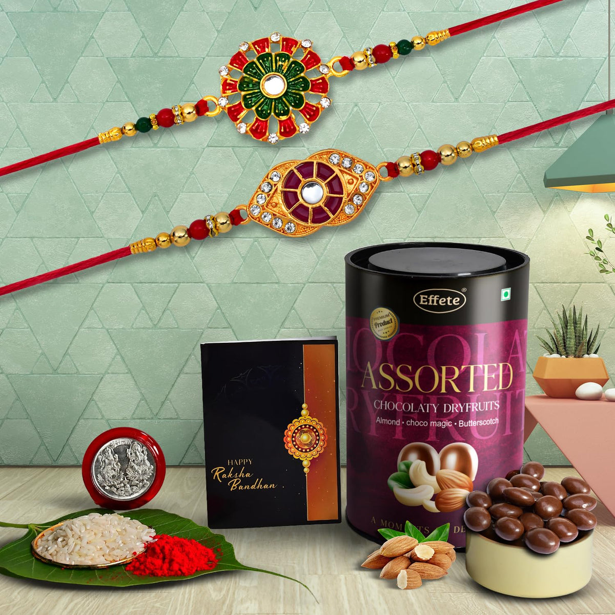 Rakhi (K2_553+554_AS) & Assorted Chocolate Dryfruits 96gm | Rakhi Combo with card and chocolate | chocolates gift | Rakhi & Chocolate for brother | rakhi with gift | Set of 2 Rakhi