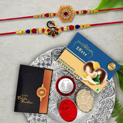 Rakhi Combo (K2_314+315_DS+BS32) Chocolate Butter Scotch 32gm & Silver Pooja Thali, with Pooja Coin & Greeting Card, Rakhi thali, Rakhi with plate, rakhi thali set, rakhi for brother with chocolate, rakhi with gift, rakhi with chocolate, rak