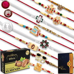 Rakshbandhan Special Silver Plated Rakhi, Set of 10 with Chocofarm Choco Peanuts, 32 g, Roli Chawal, Pooja Coin and Greeting Card