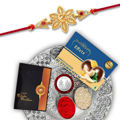 Rakhi Combo (K1_433_DS+BS32) Chocolate Butter Scotch 32gm & Silver Pooja Thali with Pooja Coin & Greeting Card, Rakhi gift set, Rakhi thali, rakhi for brother kids, rakhi thali set, Rakhi with plate, rakhi for brother and bhabhi, rakhi hampe