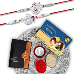 (K2_A8+A13_DS+BS32) Rakhi Combo with  Chocolate Butter Scotch 32gm & Silver Pooja Thali, Pooja Coin & Greeting Card, Rakhi gift set | Rakhi thali | rakhi for brother kids | Rakhi with plate | rakhi hamper for brother | rakhi for brother with