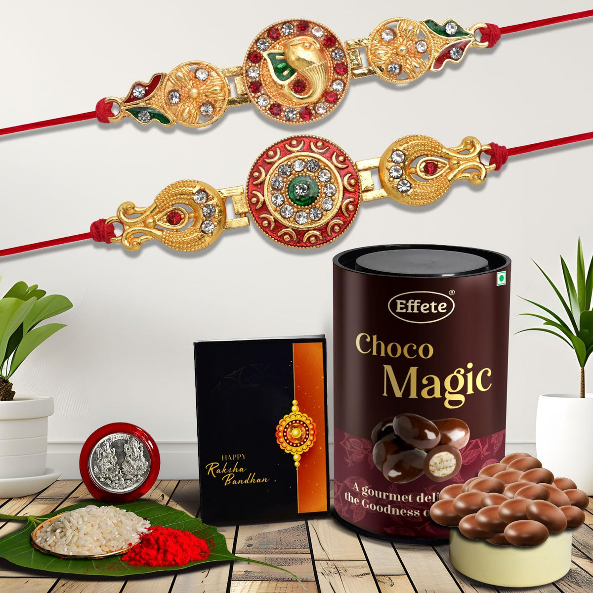 Rakhi For Brother Set Of 2 With Chocolate Magic 96gm, Pooja Coin with Greating Card, Rakhi With Chocolate, Rakhi With Gift For Brother, Rakhi For Kids, Rakhi With Sweets (K2_516+517_EM)