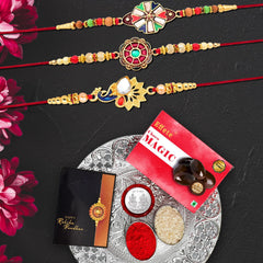 Rakhi (K3_414+415+416_DS+CM32) & Chocolate Magic 32gm & Pooja Thali, Rakhi & Chocolate for brother, Rakhi with chocolate, rakhi with gift, Rakhi Combo, Set of 3 Rakhi,  Chocolate