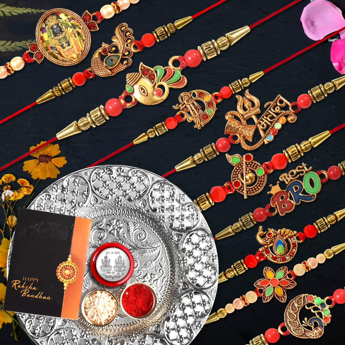Rakhi For Brother Set Of 10 With Dish, Silver Coin & Greeting Card, Rakhi For Bhai, Bhabhi & Kids With Gift For Brother, Rakhi set for brother (K10_MC56_DS)