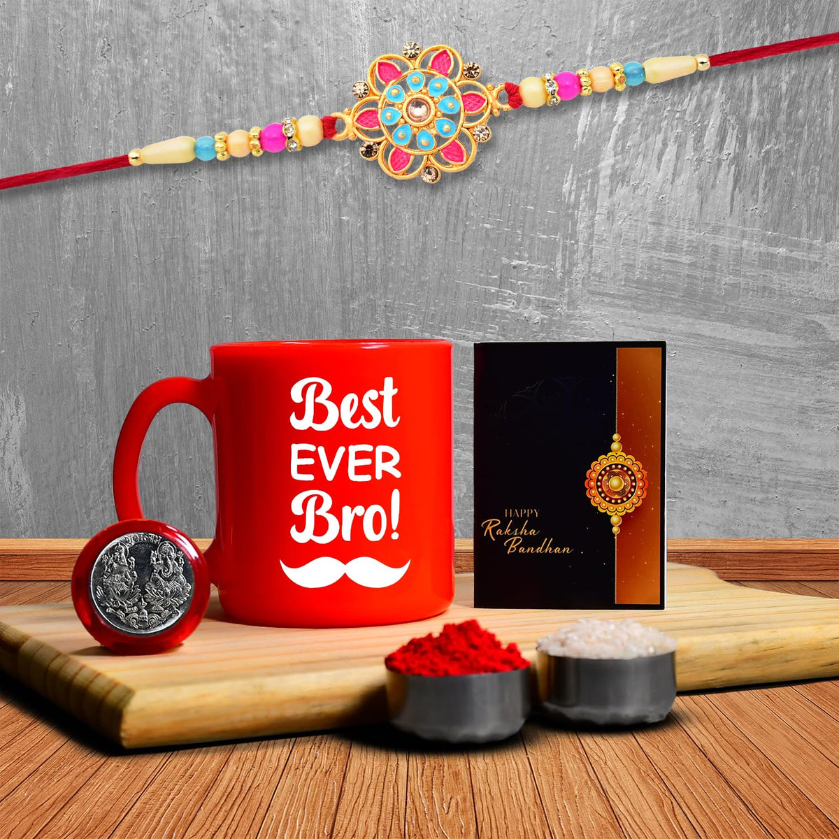 Rakhi Combo (K1_559_RTM) Plastic, Unbrekable Tea / Milk / Coffee Mug (Red Best Ever Bro Mug) with Pooja Coin & Greeting Card, rakhi set, rakhi mug, rakhi for brother with mug, rakhi mug for brother, rakhi for brother with coffee mug, rakhi with mug