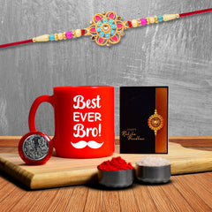 Rakhi Combo (K1_559_RTM) Plastic, Unbrekable Tea / Milk / Coffee Mug (Red Best Ever Bro Mug) with Pooja Coin & Greeting Card, rakhi set, rakhi mug, rakhi for brother with mug, rakhi mug for brother, rakhi for brother with coffee mug, rakhi with mug