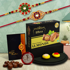 Rakhi (K2_553+554_CA32) & Chocolate Almonds 32gm| Rakhi for brother with gift | handmade rakhi |rakhi combo for brother | stylish rakhi for brother | Set of 2 Rakhi |