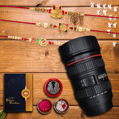 Rakhi Combo (K3_3+10+12_M720) Camera Lens Coffee Mug with Pooja Coin & Greeting Card, rakhi mug, rakhi with mug, rakhi for brother with mug, rakhi mug, rakhi mug for brother, Rakhi with Gift of mug, rakhi for younger brother, rakhi set of 3
