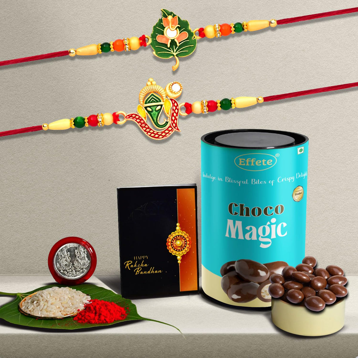Rakhi Combo (K2_307+309_CM) & Chocolate Magic , with Pooja Coin & Greeting Card, Rakhi Gift Hamper, Rakhi Combo with card and chocolate, chocolates gift pack, Rakhi & Chocolate for brother, rakhi with gift, rakhi set of 2