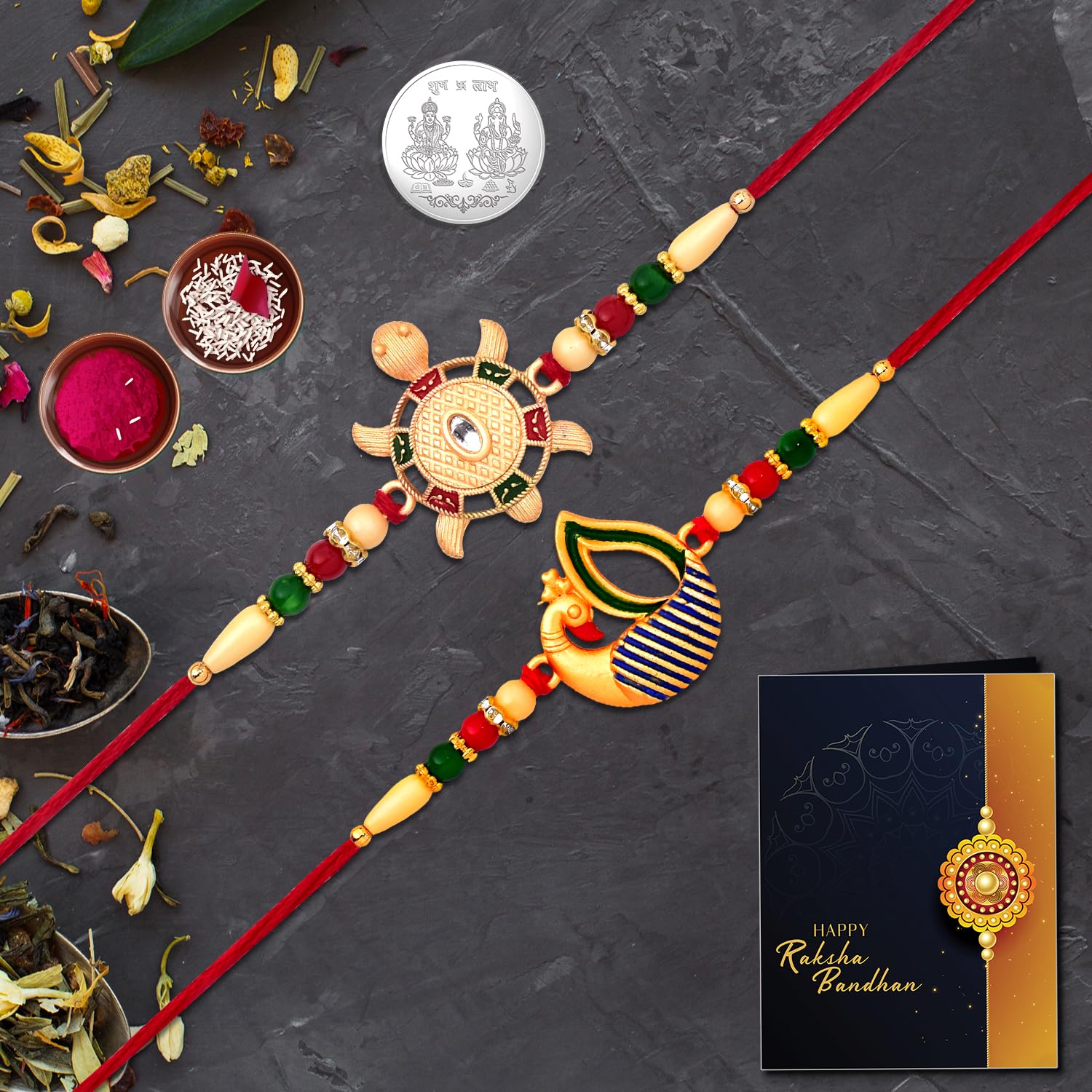 Unisex Adult (K2_501+507 Rakhi Combo With Pooja Coin & Rakhi Greeting Card, Rakhi For Brother, Rakhi Lumba Set, Chandi Ki Rakhi, Rakhi Cards, Kundan Rakhi