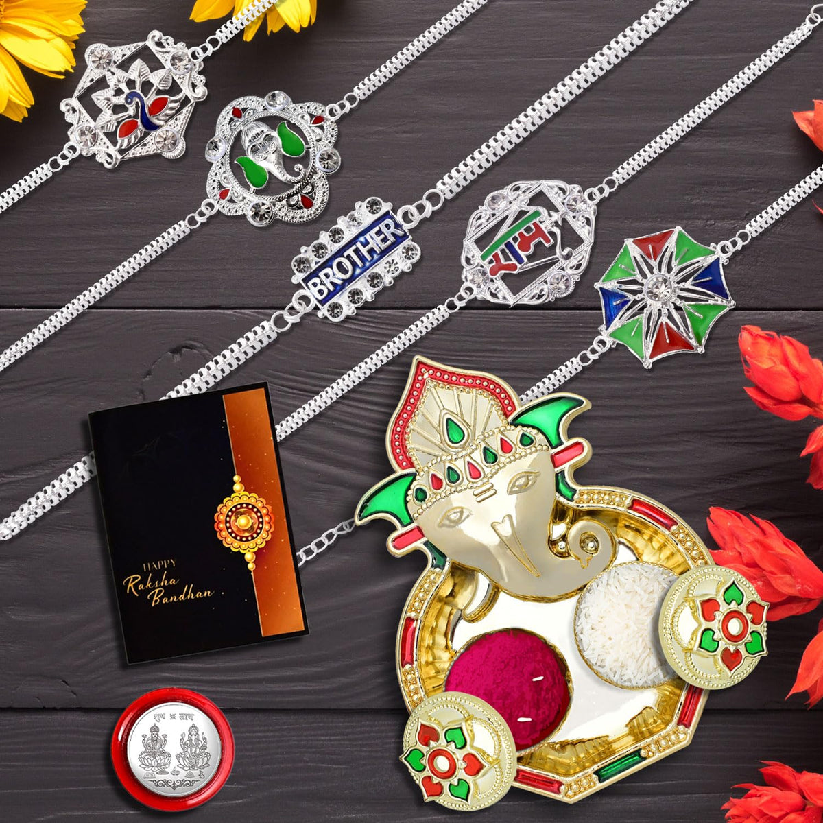 Rakhi for Brother Set of 5 with Dish, Silver Coin & Greeting Card, Rakhi for Brother and Bhabhi, Rakhi with Gift for Brother, Rakhi for Kids, Rakhi Set, Rakhi Combo (A73+A57+A52+A78+A59_AA3)