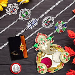 Rakhi for Brother Set of 5 with Dish, Silver Coin & Greeting Card, Rakhi for Brother and Bhabhi, Rakhi with Gift for Brother, Rakhi for Kids, Rakhi Set, Rakhi Combo (A73+A57+A52+A78+A59_AA3)