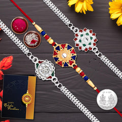 Elegant Silver-Plated Rakhi Set With Multicolor Designs Pack Of 3 Designer Rakhis For Brothers Best Rakhi Combo For Brothers Attractive Rakhi Set Of 3 - Perfect For Siblings