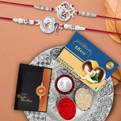 (K2_A8+A13_DS+BS32) Rakhi Combo with  Chocolate Butter Scotch 32gm & Silver Pooja Thali, Pooja Coin & Greeting Card, Rakhi gift set | Rakhi thali | rakhi for brother kids | Rakhi with plate | rakhi hamper for brother | rakhi for brother with
