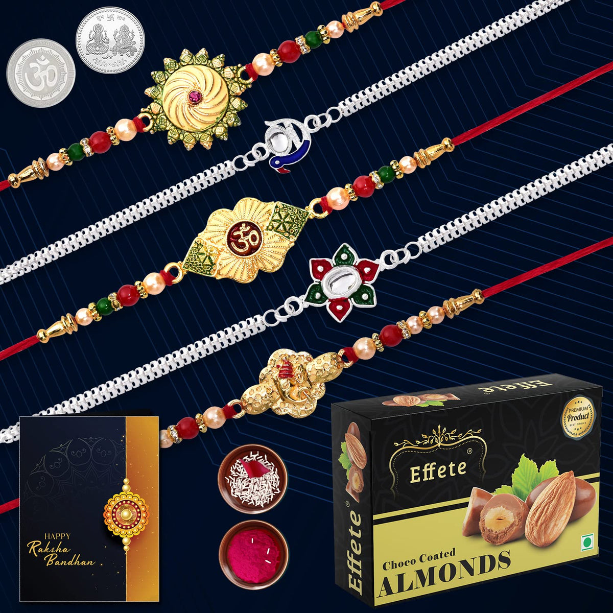 Rakhi combo Gift For Brother with Choco coated almond (K5_NC6_CA32) | OM Rakhi | Shri Ganesh Rakhi | Flower Rakhi