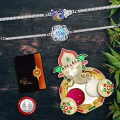 Rakhi Combo (K2_D12+D13_AA3) with Pooja Coin, Shri Ganesh Pooja Thali / Tilak Set & Greeting Card, rakhi thali set | Rakhi with plate | bhaiya bhabhi rakhi set | rakhi hamper | handmade rakhi | rakhi for brother and bhabhi | rakhi for brother kids