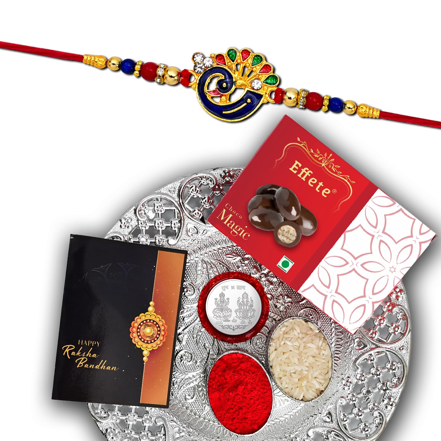 Rakhi For Brother Set Of 1 with Chocolate Magic 32gm & Pooja Thali, Pooja Coin & Greeting Card , Rakhi For Brother And Bhabhi, Rakhi With Chocolate, Rakhi With Gift For Brother, Rakhi For Kids, Rakhi Set, Rakhi Combo, Rakhi With Sweets, brot