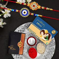 Rakhi Combo (K2_515+516_DS+BS32)  Chocolate Butter Scotch 32gm & Silver Pooja Thali, with Pooja Coin & Greeting Card, Rakhi thali, Rakhi gift set, Rakhi with plate, rakhi thali set, rakhi hamper for brother, rakhi with chocolate, rakhi for br