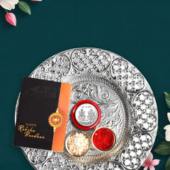 Rakhi for Brother Set of 1 with Dish, Silver Coin & Greeting Card, Rakhi for Brother and Bhabhi, Rakhi with Gift for Brother, Rakhi for Kids, Rakhi Set, Rakhi Combo (K1_452)