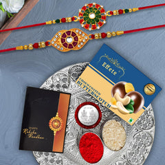 Premium Design Rakhi for Brother | Royal Floral Design Rakhi | Rakhi with  Chocolate Butter Scotch 32gm (K2_553+554_DS+BS32)
