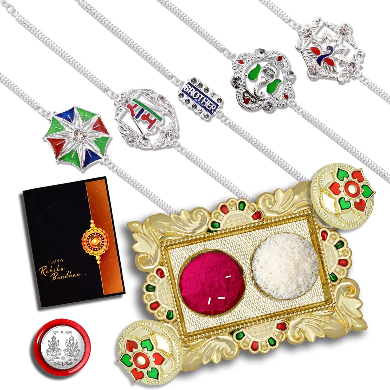 Rakhi for Brother Set of 5 with Dish, Silver Coin & Greeting Card, Rakhi for Brother and Bhabhi, Rakhi with Gift for Brother, Rakhi for Kids, Rakhi Set, Rakhi Combo (A73+A57+A52+A78+A59_AA1)