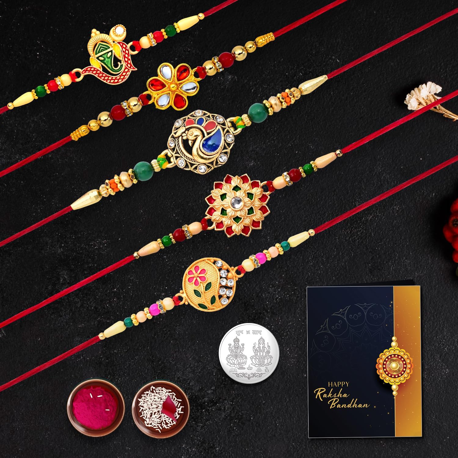 Unisex Adult Rakhi (K5_Nc103) With Pooja Coin & Rakhi Card, Bhai Bhaiya Brother Bhabhi Rakhi Set, Kundan Rakhi, Lumba Rakhi Set, Chandi Ki Rakhi, Rakhi Lumba Set, Rakhi Cards, Silver Rakhi