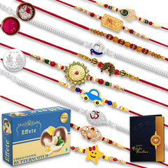 Peacock Feather Rakhi | Mor Pankh Rakhi For Brother | Hathi Rakhi | Sun Rakhi | Peacock Rakhi | Chocolate with Rakhi | Set of 10 Rakhi (K10_MC10_BS32)