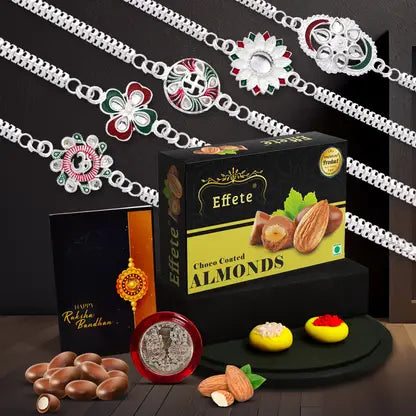 Rakhi Gift Set of 5 for Brother – Designer Rakhi Combo with Choco-Coated Almonds, Silver Coin, Roli Chawal & Greeting Card,Rakhi Gift Combo