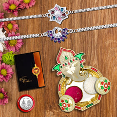 Rakhi Combo with (K2_C11+C12_AA3) with Pooja Coin, Shri Ganesh Pooja Thali / Tilak Set & Greeting Card Rakhi with plate | rakhi thali set | rakhi in silver | rakhi hamper | handmade rakhi | rakhi for brother kids | rakhi for brother and bhabhi | ra