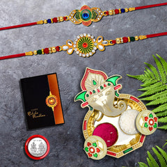 Rakhi Combo (K2_548+549_AA3) with Pooja Coin, Shri Ganesh Pooja Thali / Tilak Set & Greeting Card rakhi thali set, Rakhi with plate, Rakhi for kids, rakhi for brother and bhabhi, rakhi silver, rakhi for baby brother, rakhi for brother kids, rakhi S