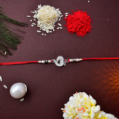 Silver Color Rakhi With Colorful Flower Mina With Square Pooja Thali Set ,Silver Color Pooja Coin, Roli Chawal & Greeting Card