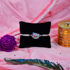 Peacock Design With Colorful Stone Bracelet With Effete Standy Pouch 40Gm ,Silver Color Pooja Coin, Roli Chawal & Greeting Card