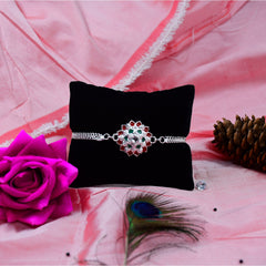 Ganesha And Flower Silver Color Rakhi With Coffee Camera Lense Mug ,Silver Color Pooja Coin, Roli Chawal & Greeting Card