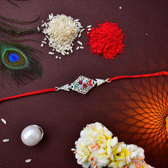 Silver Color Rakhi With Colorful Flower Mina And Diamond With Square Pooja Thali Set ,Silver Color Pooja Coin, Roli Chawal & Greeting Card