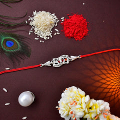 Silver Traditional Type Rakhi With Ganesha With Square Pooja Thali Set ,Silver Color Pooja Coin, Roli Chawal & Greeting Card